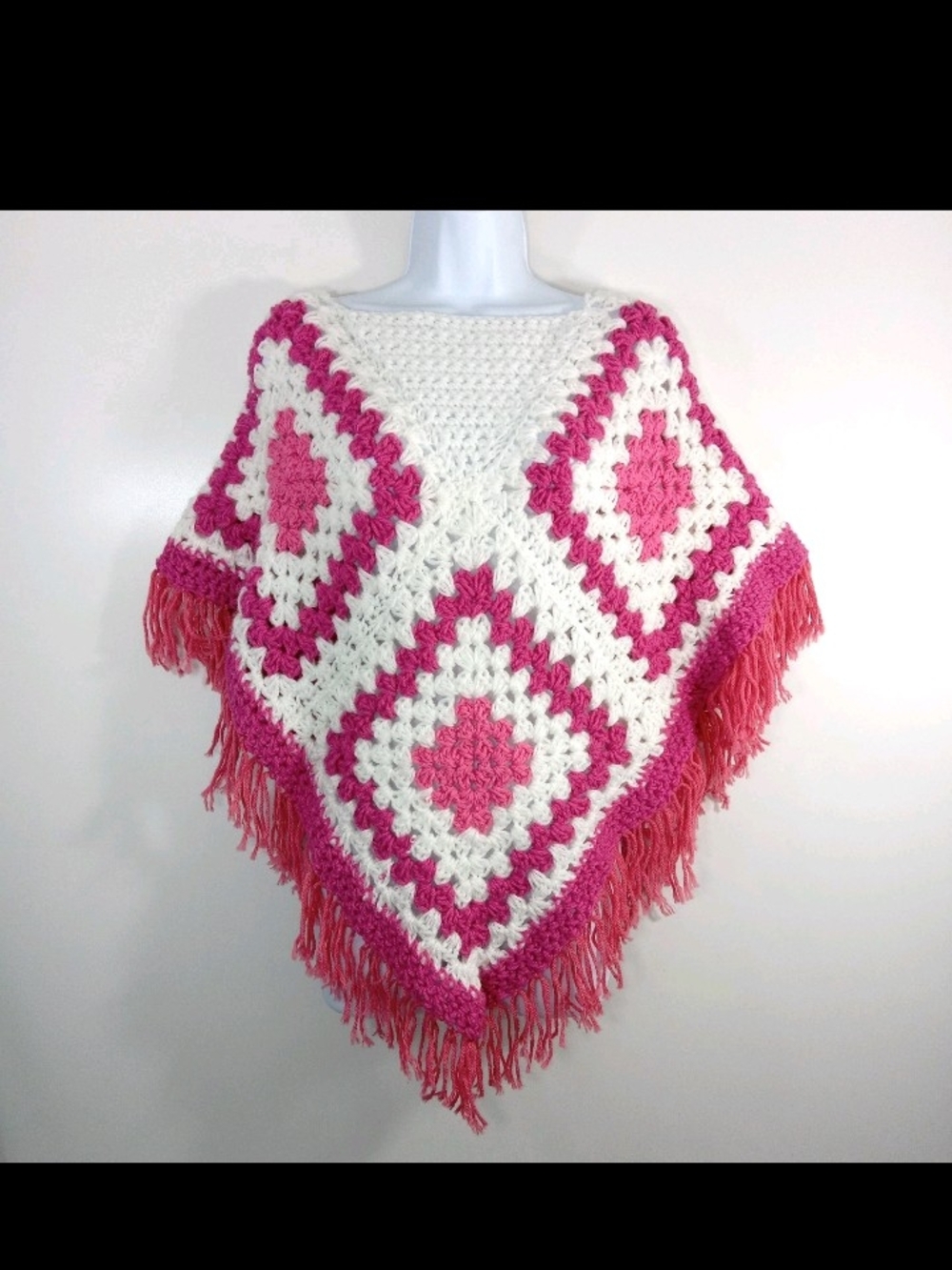 Vtg Handmade Pink & White Crochet Poncho with Fringe